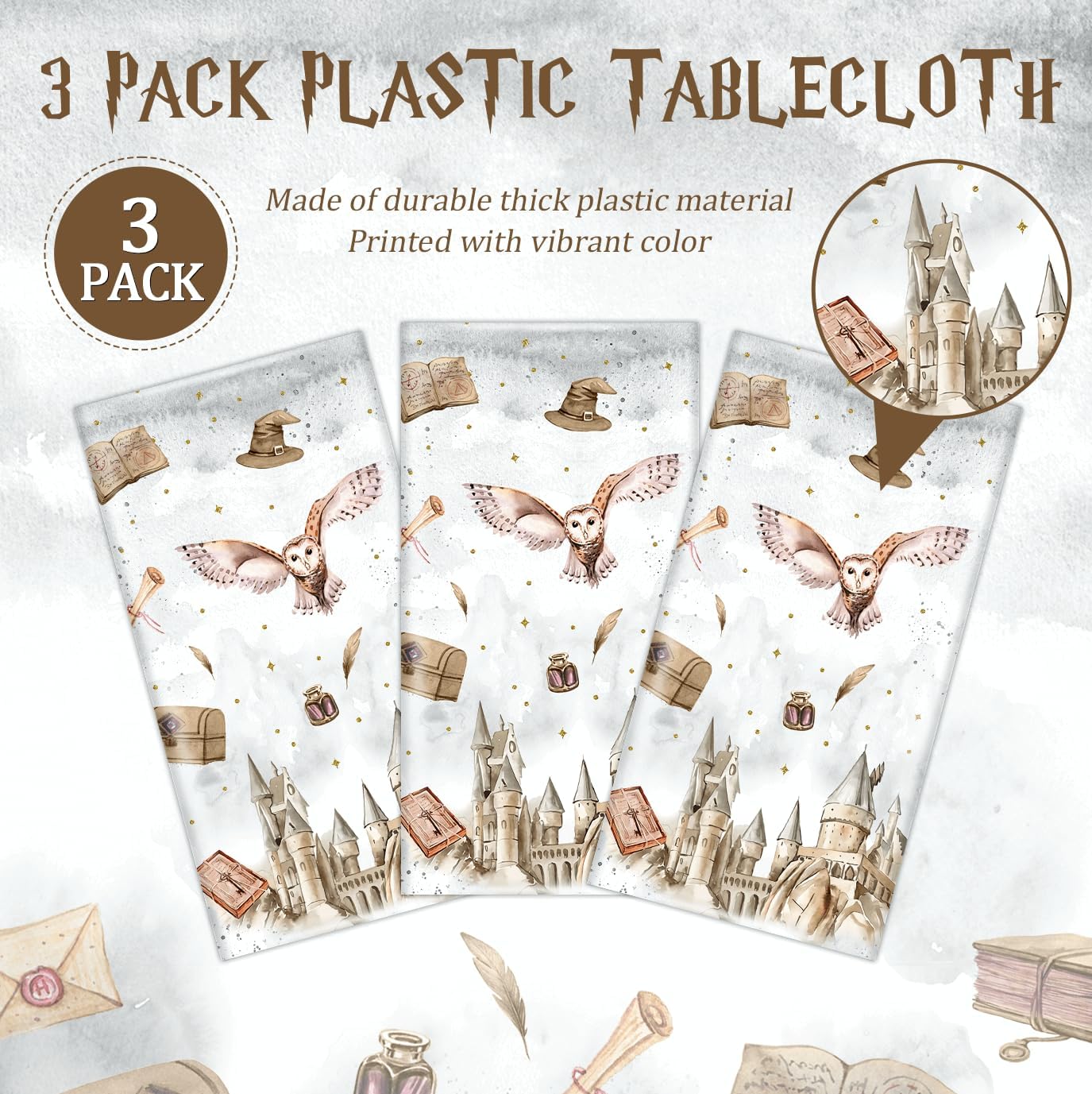 Tewess 3-Piece Wizard Party Tablecloth Set – 54 x 108 in | Disposable, Waterproof Magic School Design