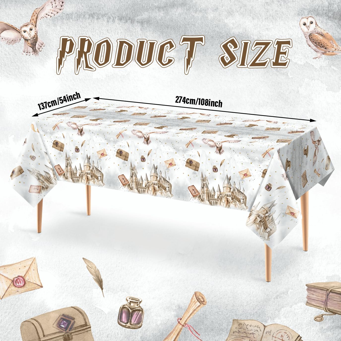 Tewess 3-Piece Wizard Party Tablecloth Set – 54 x 108 in | Disposable, Waterproof Magic School Design
