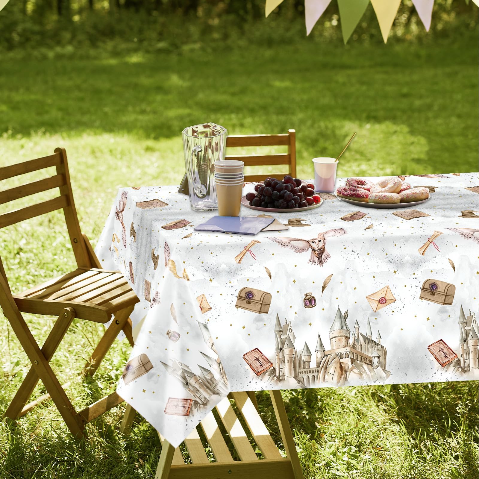 Tewess 3-Piece Wizard Party Tablecloth Set – 54 x 108 in | Disposable, Waterproof Magic School Design