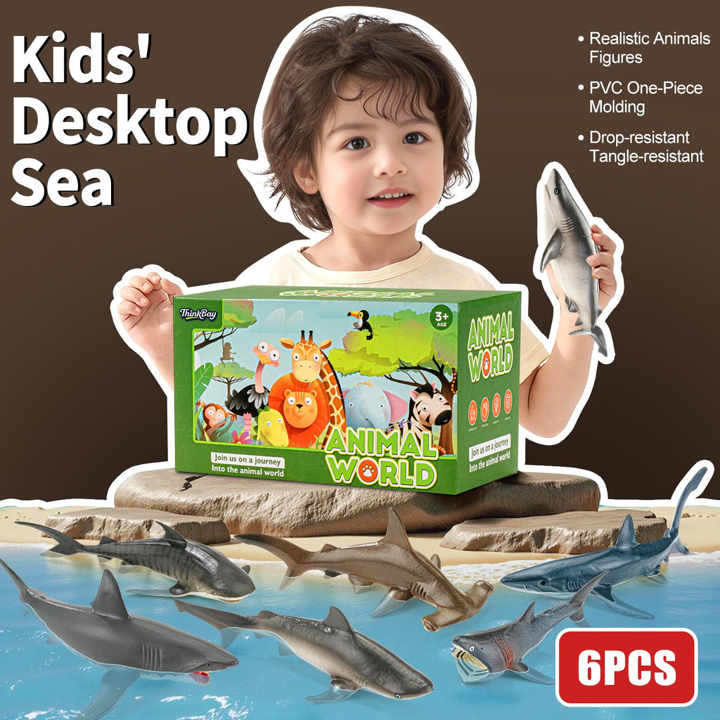 THINKBAY 6-Pack Realistic Shark Figurines (5-7") – BPA-Free Bath Toys, Cake Toppers & Party Favors for Kids