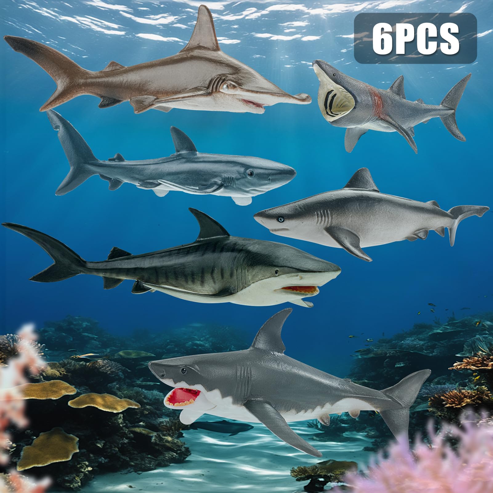 THINKBAY 6-Pack Realistic Shark Figurines (5-7") – BPA-Free Bath Toys, Cake Toppers & Party Favors for Kids