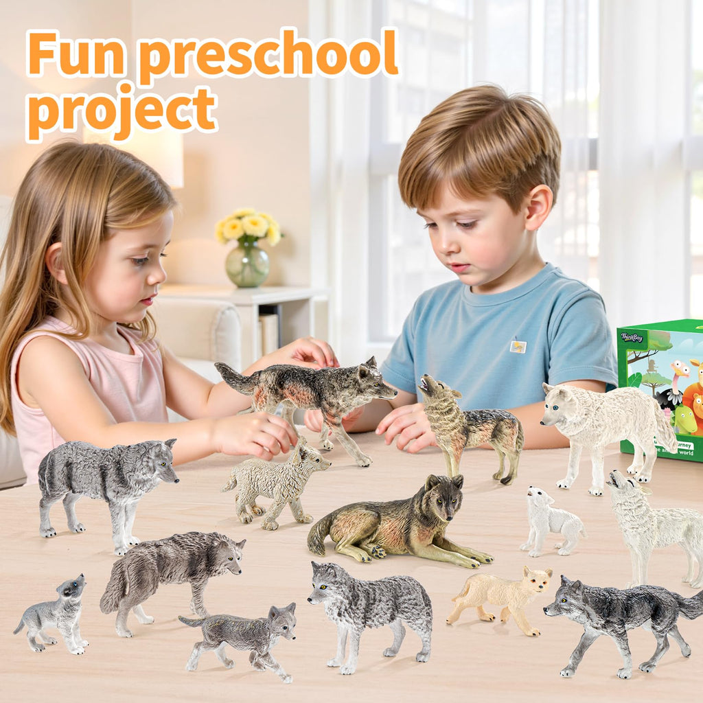 THINKBAY 14PCS Wolf Figurines – Realistic Forest Wolf Toys for Toddlers, Gifts & Cake Toppers