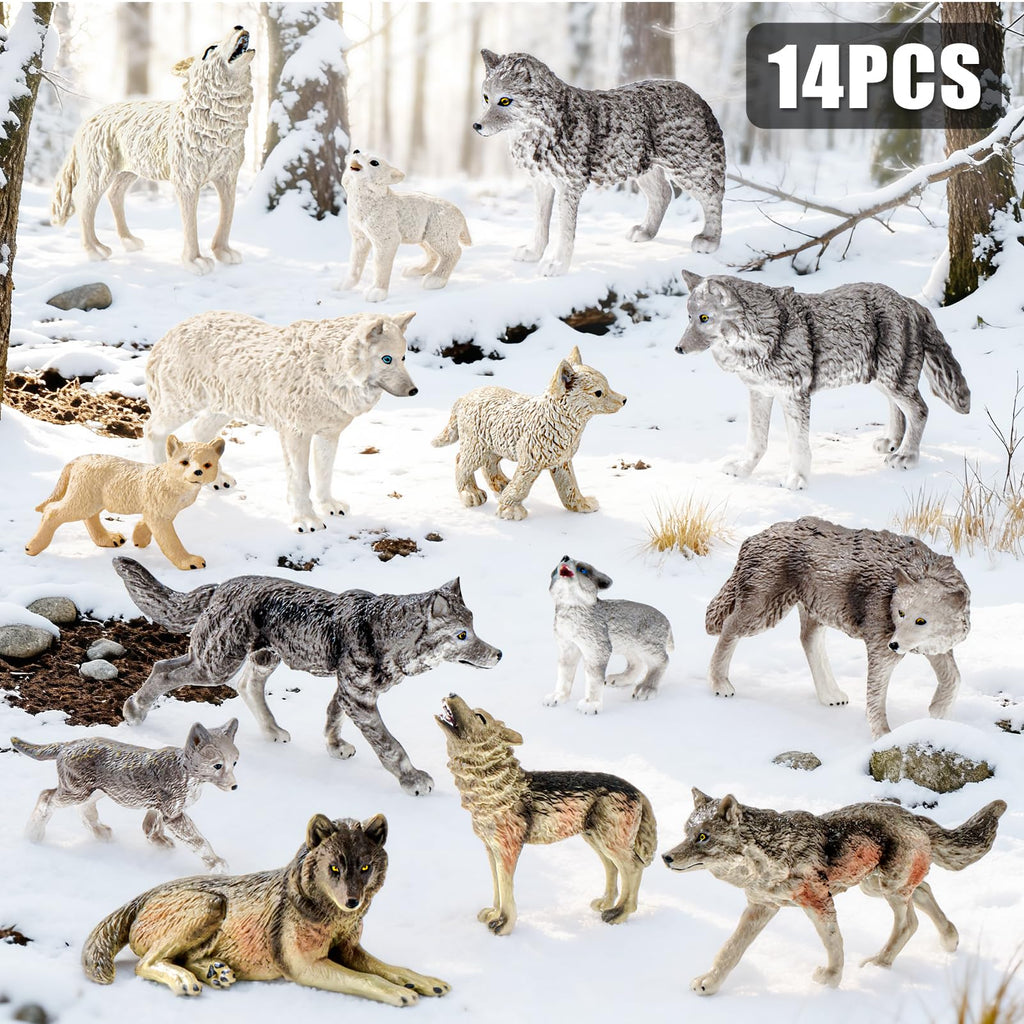 THINKBAY 14PCS Wolf Figurines – Realistic Forest Wolf Toys for Toddlers, Gifts & Cake Toppers
