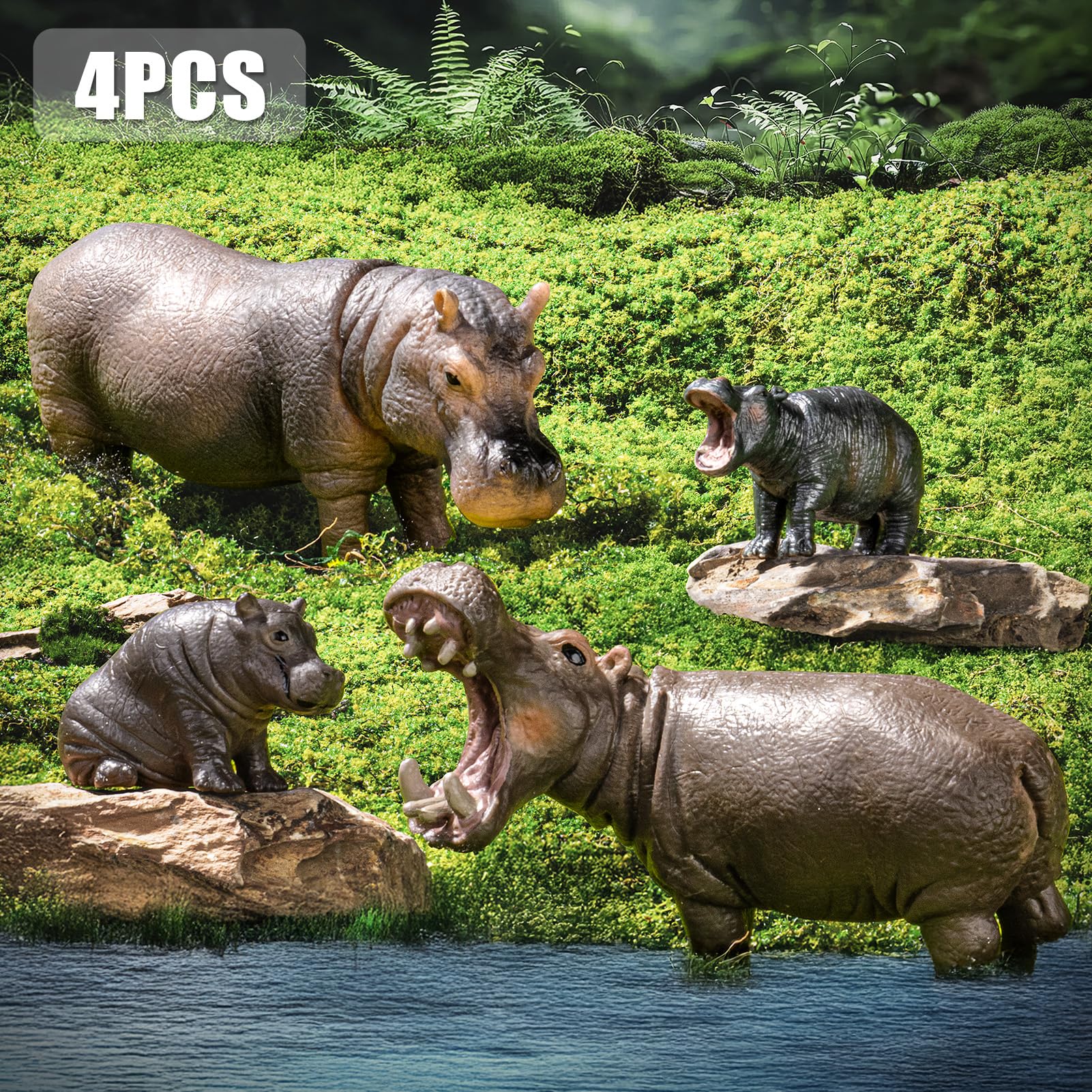 THINKBAY 4PCS Hippo Safari Figurines – Realistic Hippos & Cubs for Kids, Cake Toppers & Gifts