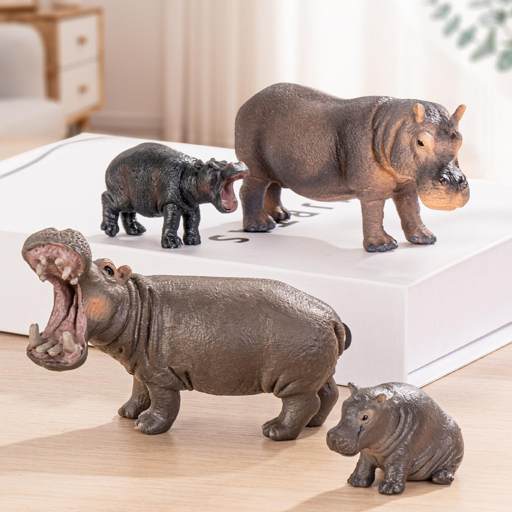 THINKBAY 4PCS Hippo Safari Figurines – Realistic Hippos & Cubs for Kids, Cake Toppers & Gifts
