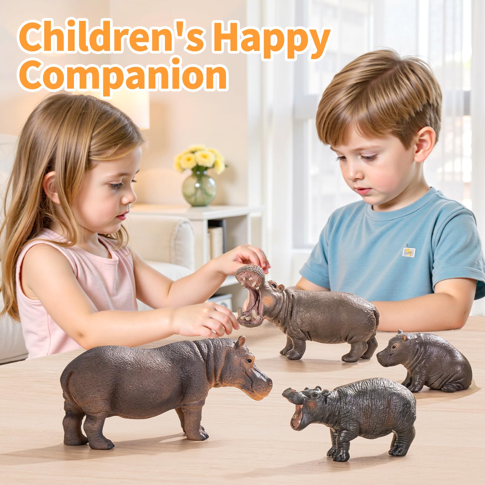 THINKBAY 4PCS Hippo Safari Figurines – Realistic Hippos & Cubs for Kids, Cake Toppers & Gifts