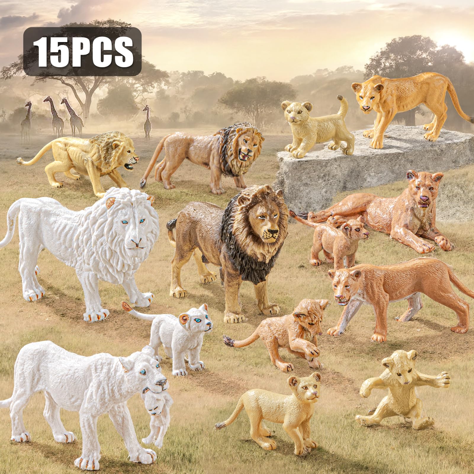 THINKBAY 15PCS Lion Figurines – Realistic Lion Family for Kids, Cake Toppers & Play