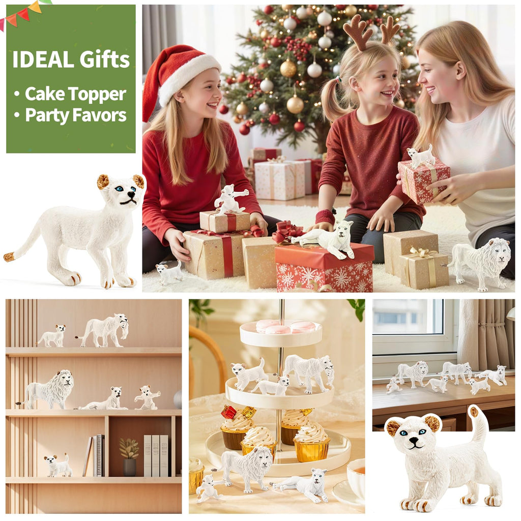 THINKBAY 7-Piece White Lion Toys Figurines – Jungle Lion Family, Realistic Zoo Animals, Cake Toppers