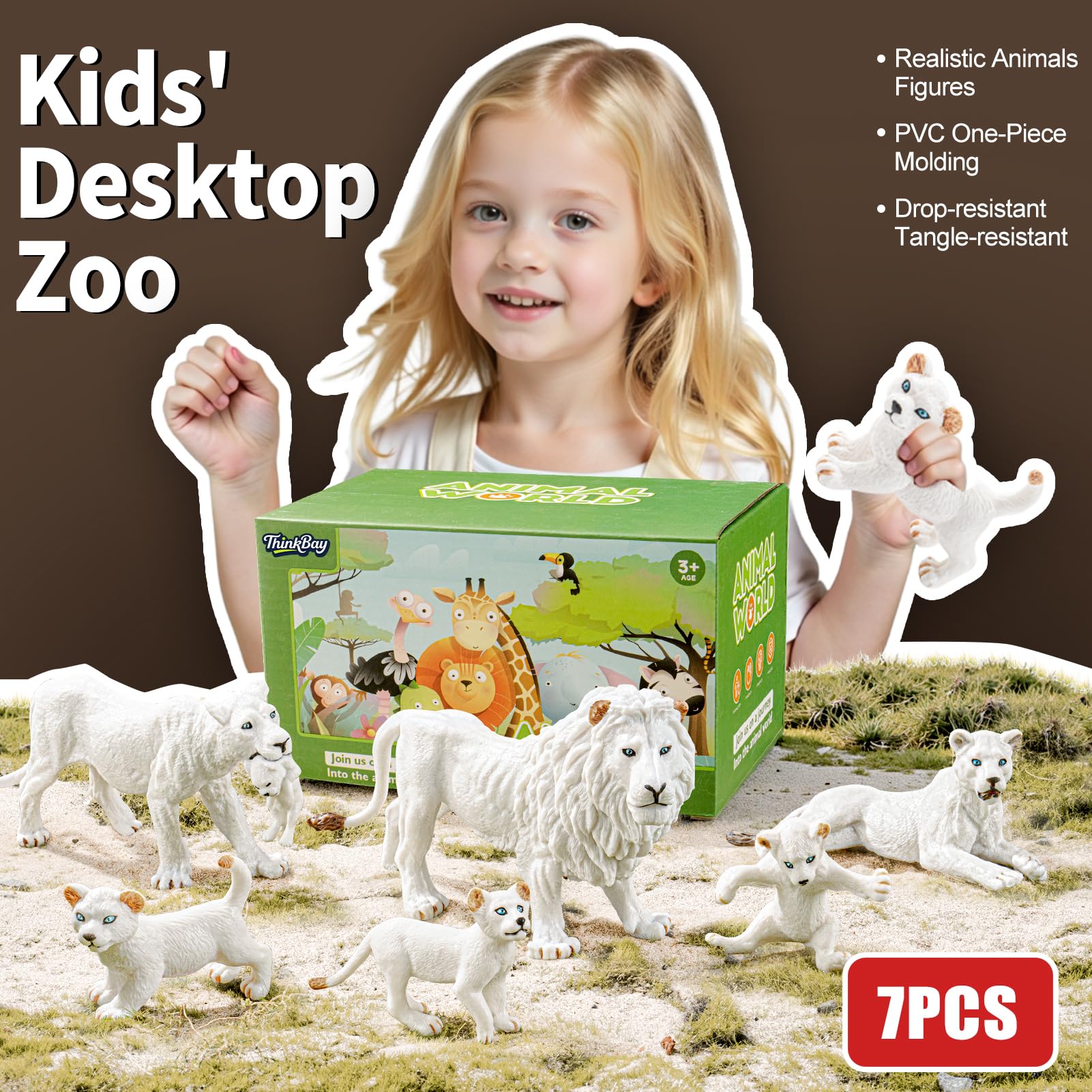 THINKBAY 7-Piece White Lion Toys Figurines – Jungle Lion Family, Realistic Zoo Animals, Cake Toppers