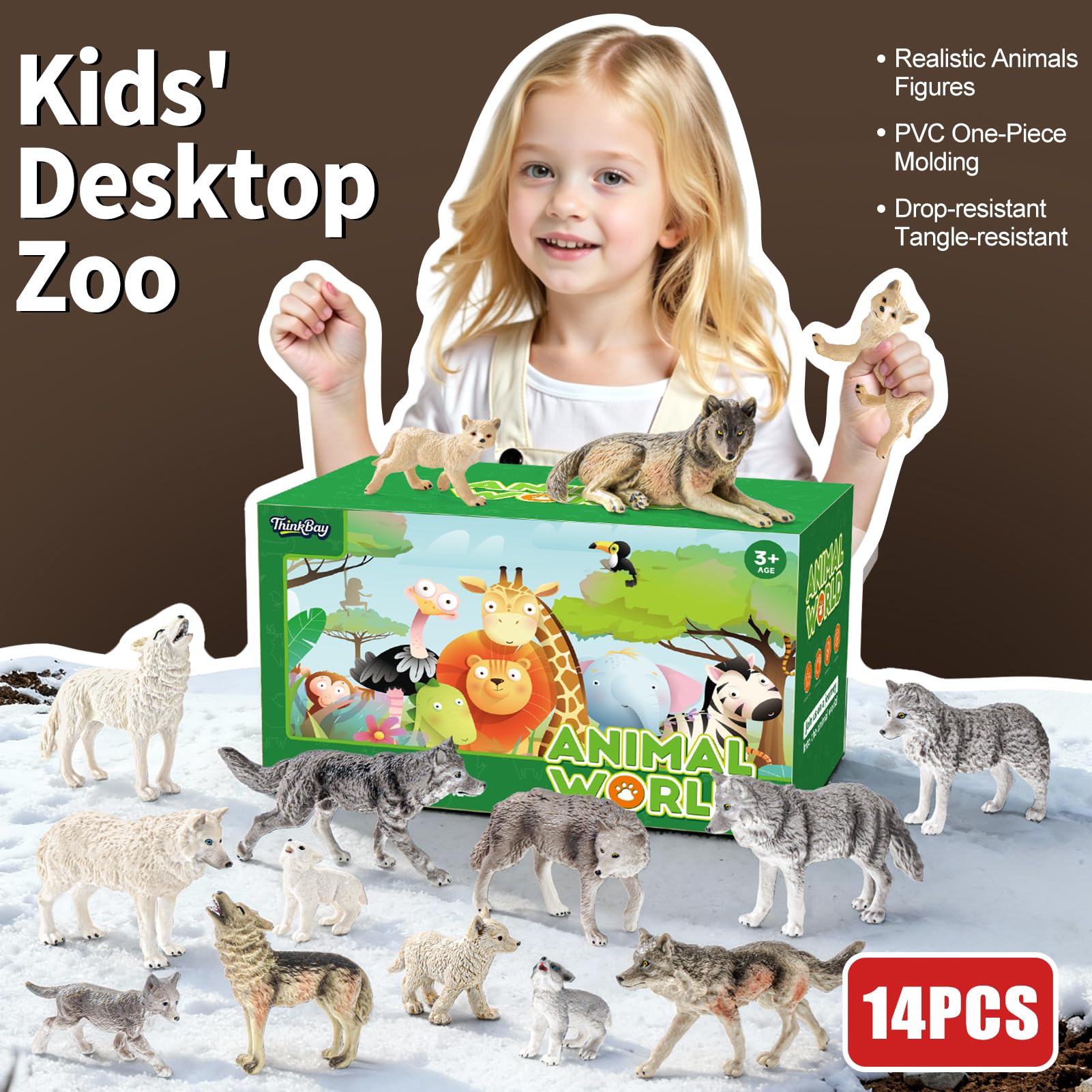THINKBAY 14PCS Wolf Figurines – Realistic Forest Wolf Toys for Toddlers, Gifts & Cake Toppers