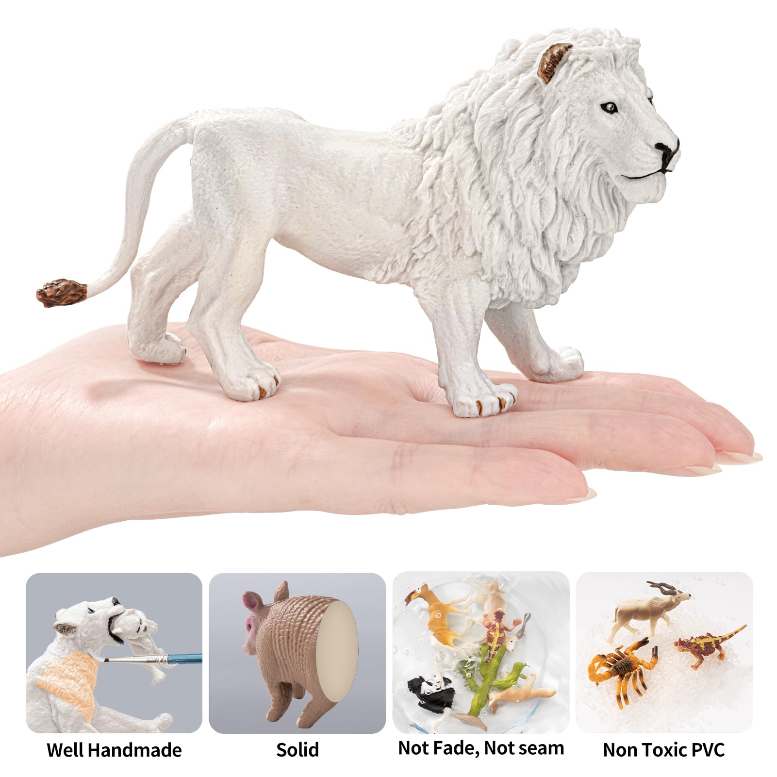 THINKBAY 7-Piece White Lion Toys Figurines – Jungle Lion Family, Realistic Zoo Animals, Cake Toppers