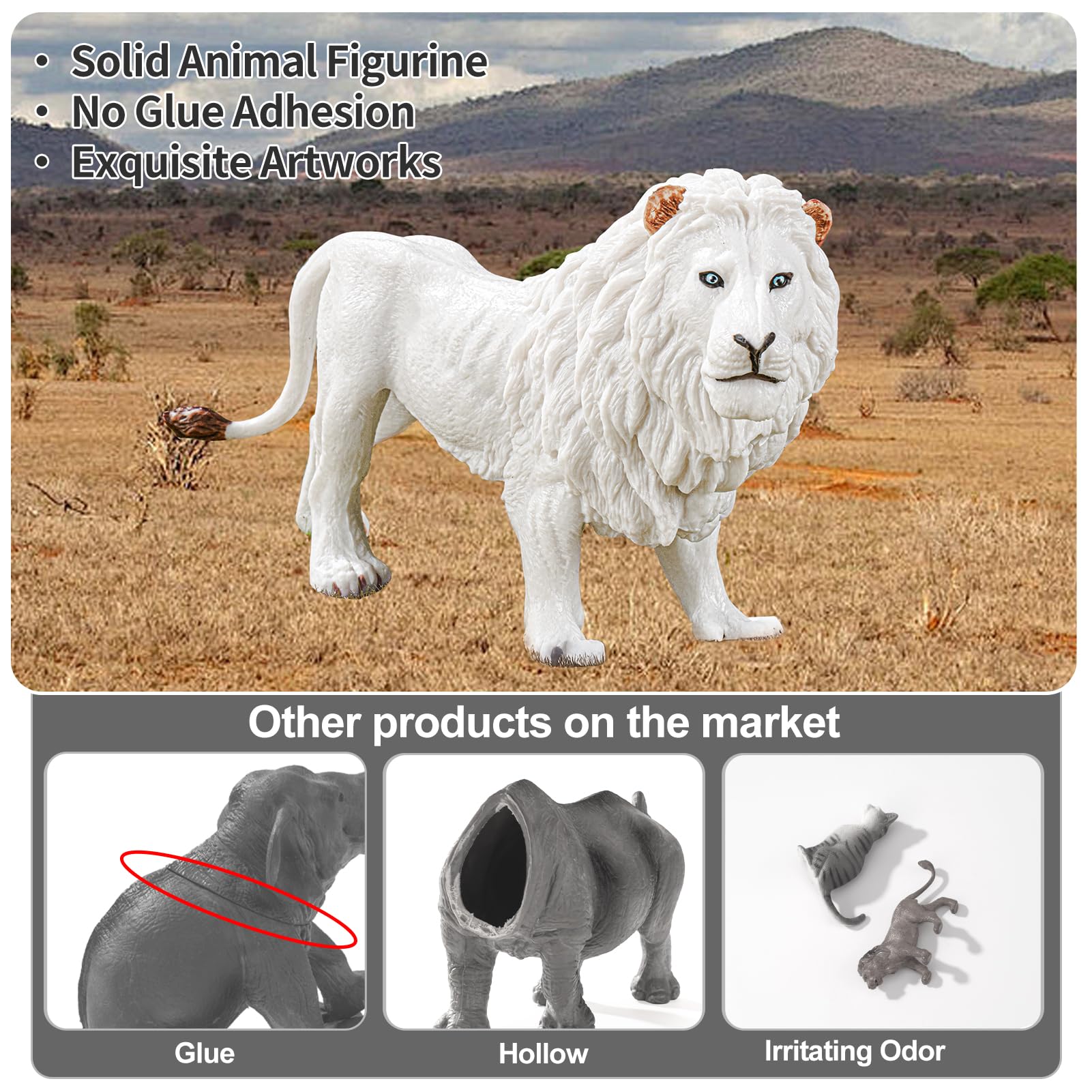 THINKBAY 7-Piece White Lion Toys Figurines – Jungle Lion Family, Realistic Zoo Animals, Cake Toppers