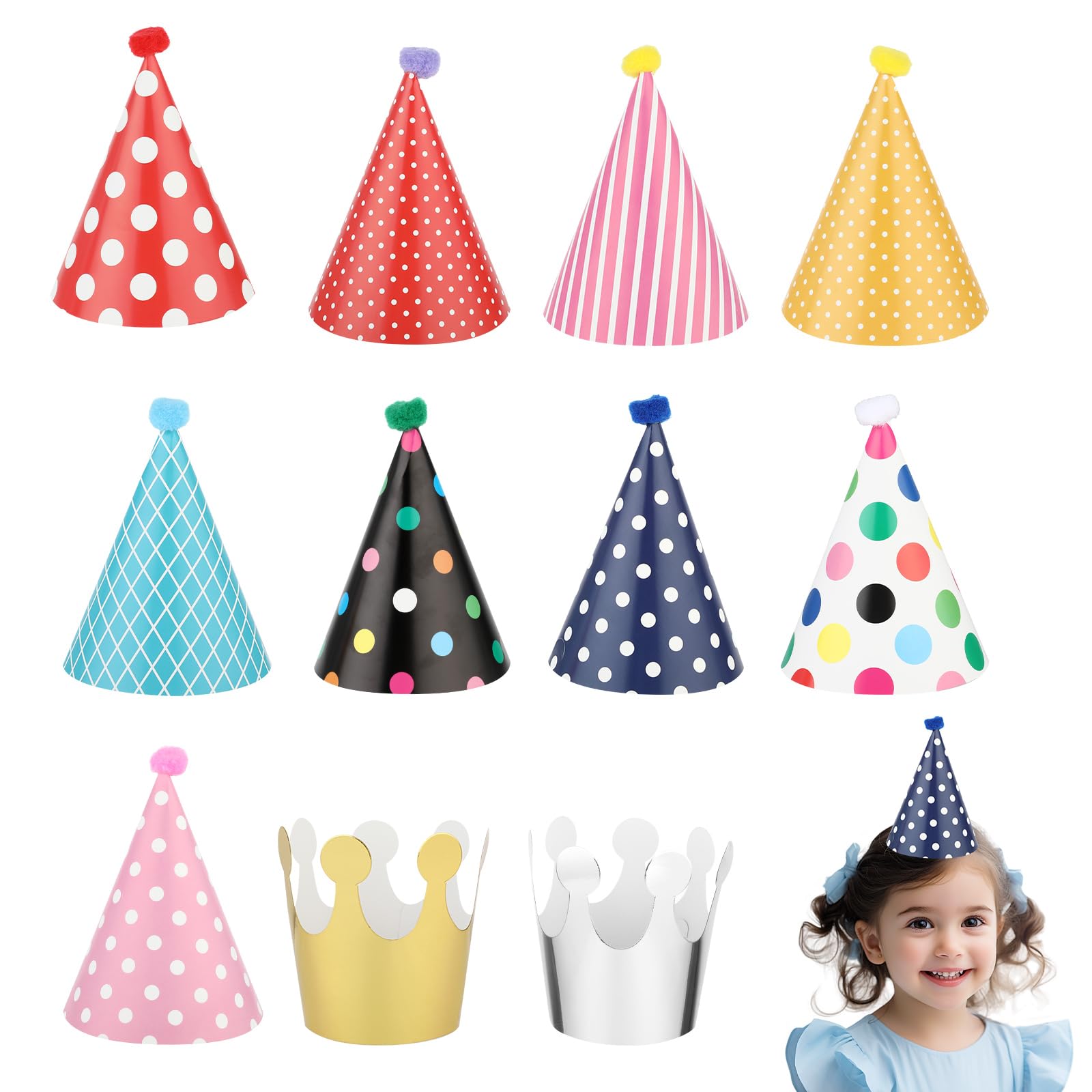 Thinp 11 Pcs Adorable Party Hats Set – 9 Cone Hats + 2 Crowns for Pet Birthday Decor