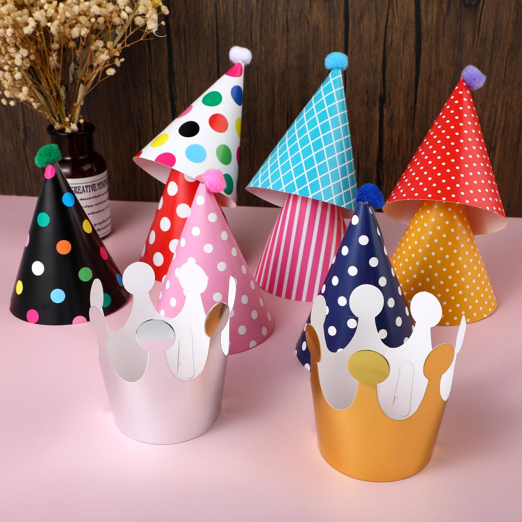 Thinp 11 Pcs Adorable Party Hats Set – 9 Cone Hats + 2 Crowns for Pet Birthday Decor