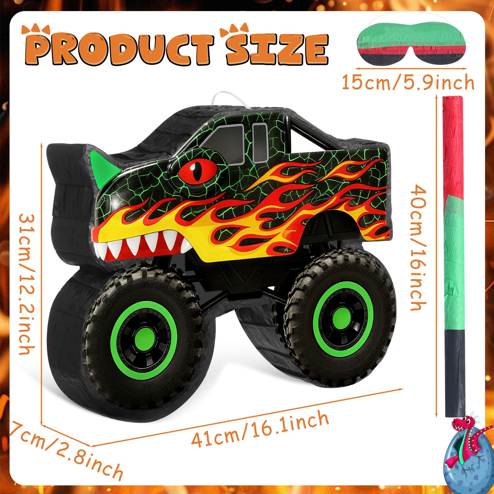 Threan Dino Monster Truck Piñata – Party Decoration & Blindfold