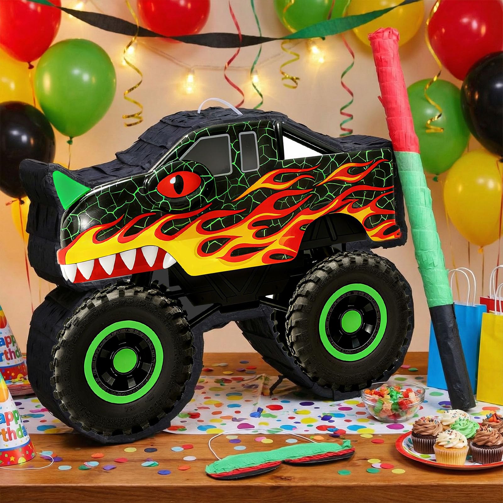 Threan Dino Monster Truck Piñata – Party Decoration & Blindfold