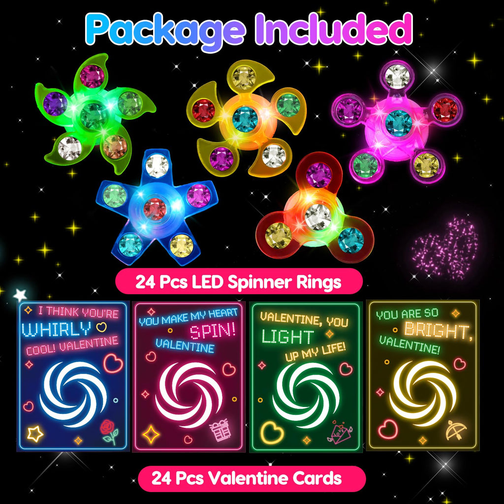 Thremhoo 24Pcs LED Light Up Fidget Spinner Rings with Valentines Cards – Classroom Party Favors Bulk