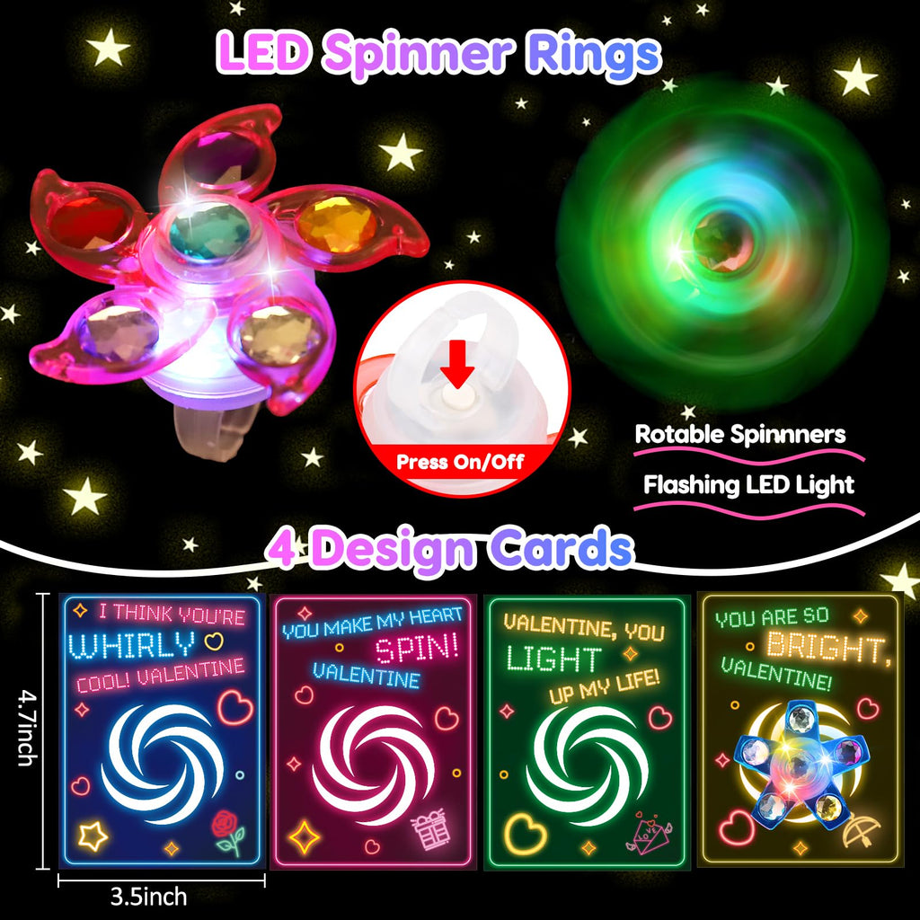 Thremhoo 24Pcs LED Light Up Fidget Spinner Rings with Valentines Cards – Classroom Party Favors Bulk