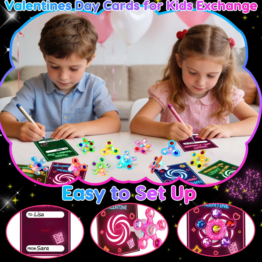 Thremhoo 24Pcs LED Light Up Fidget Spinner Rings with Valentines Cards – Classroom Party Favors Bulk