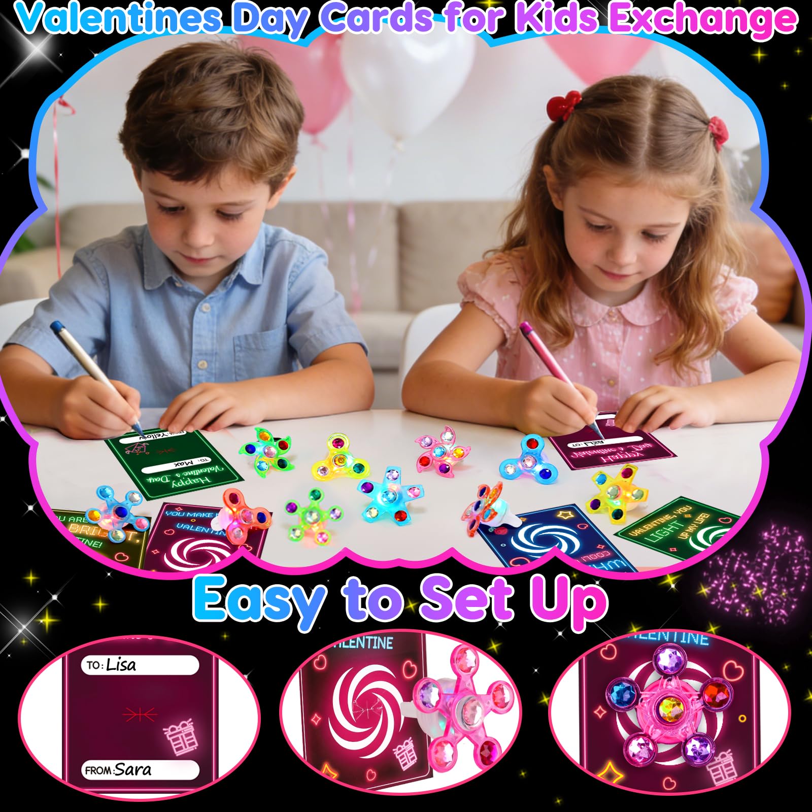 Thremhoo 24Pcs LED Light Up Fidget Spinner Rings with Valentines Cards – Classroom Party Favors Bulk