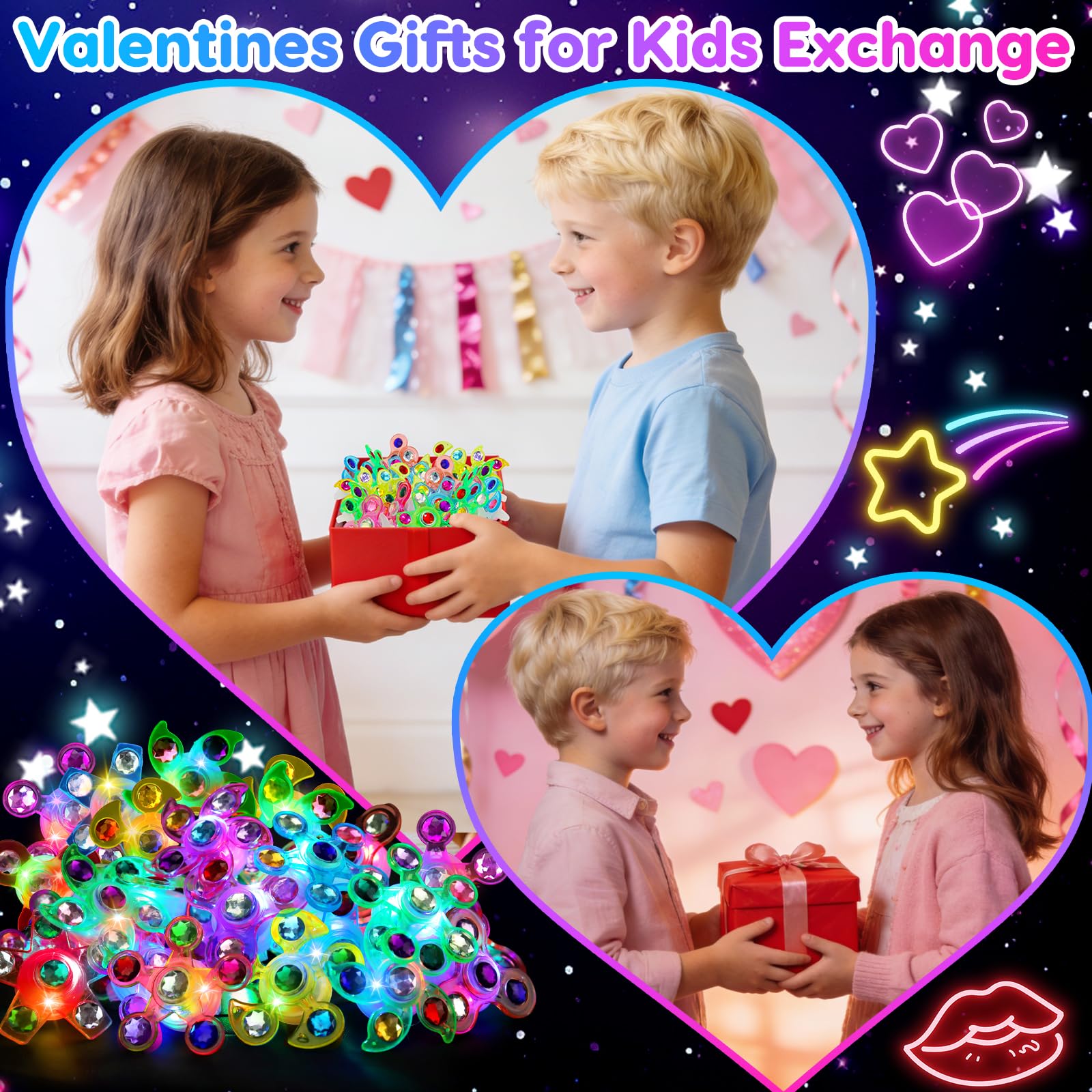 Thremhoo 24Pcs LED Light Up Fidget Spinner Rings with Valentines Cards – Classroom Party Favors Bulk
