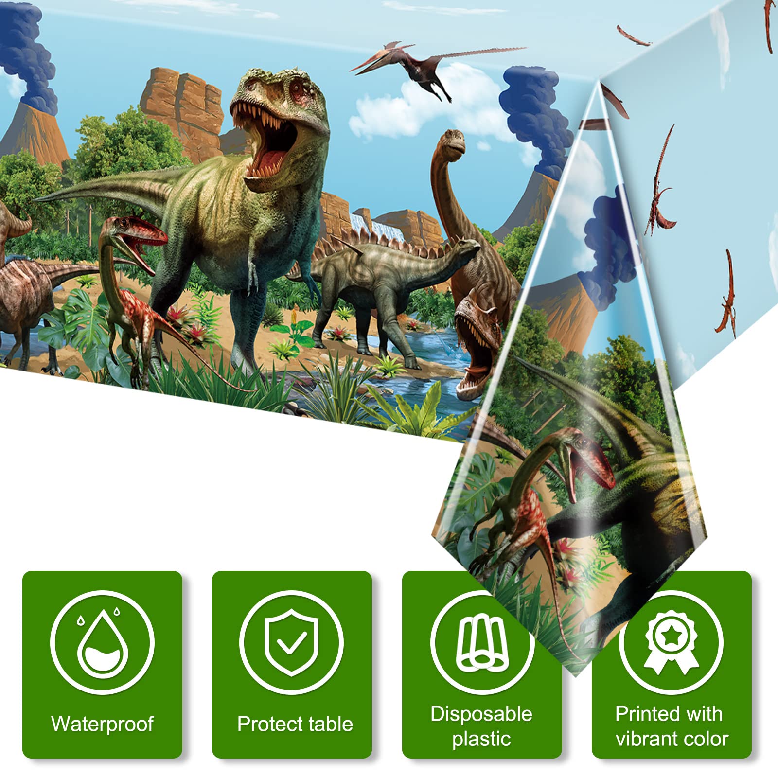 Tiamon 3 Pcs Dinosaur Tablecloths – 54x108 in Blue Waterproof Party Covers