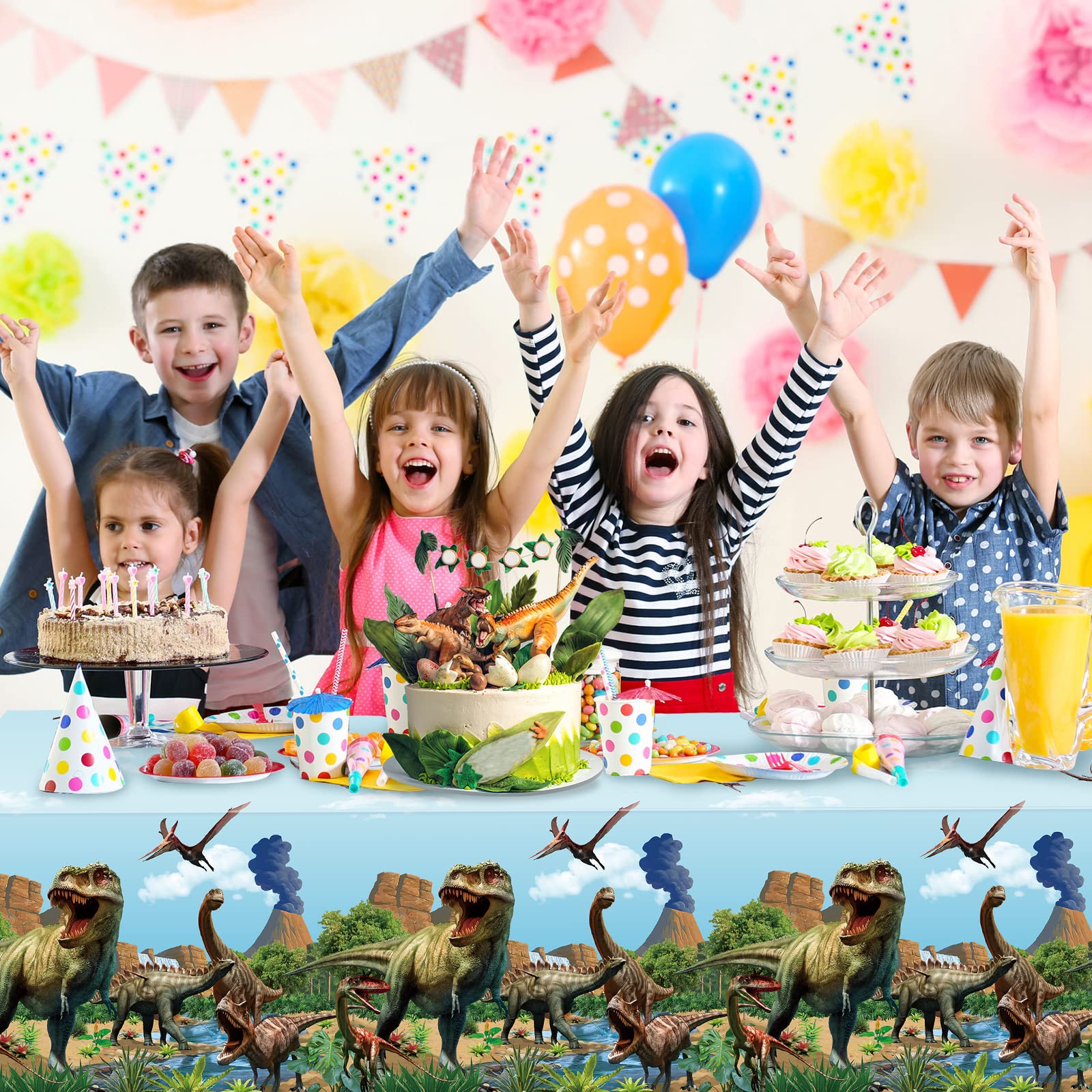 Tiamon 3 Pcs Dinosaur Tablecloths – 54x108 in Blue Waterproof Party Covers