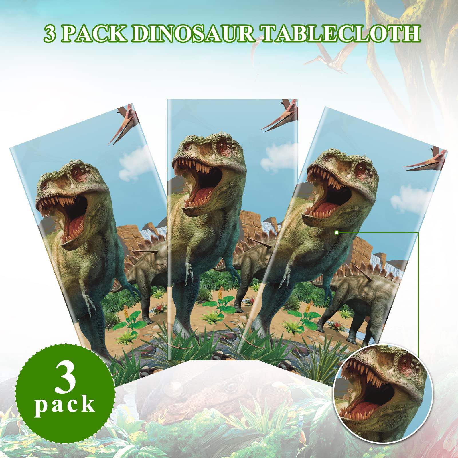 Tiamon 3 Pcs Dinosaur Tablecloths – 54x108 in Blue Waterproof Party Covers