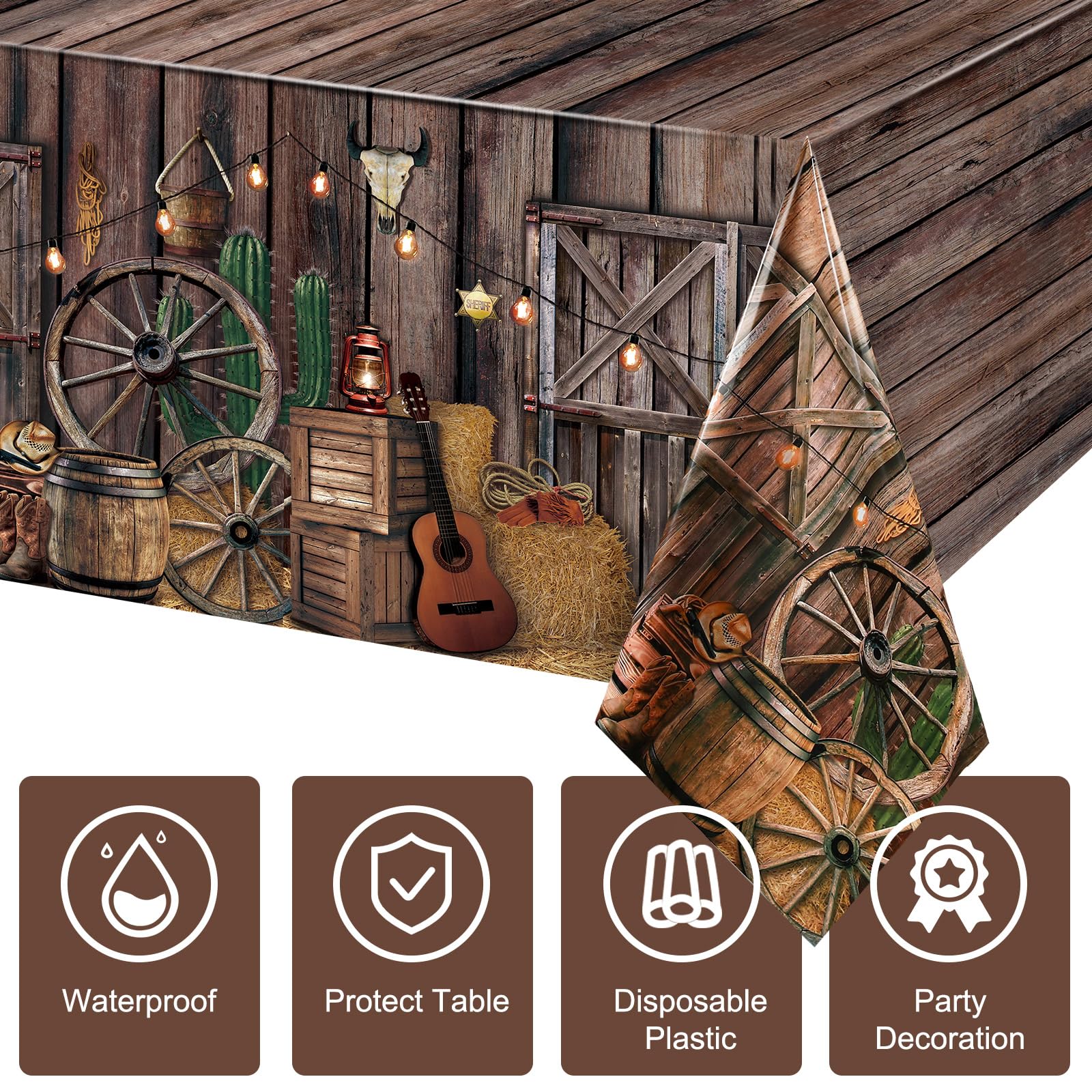 Tiamon 6 Pcs Western Cowboy Tablecloth – Waterproof Plastic Table Cover 54 x 108 in