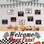 Tiamon Racing Car Party Decorations Set — 9 Signs, 2 Checkered Flags, Welcome Banner | Race Car Birthday Supplies