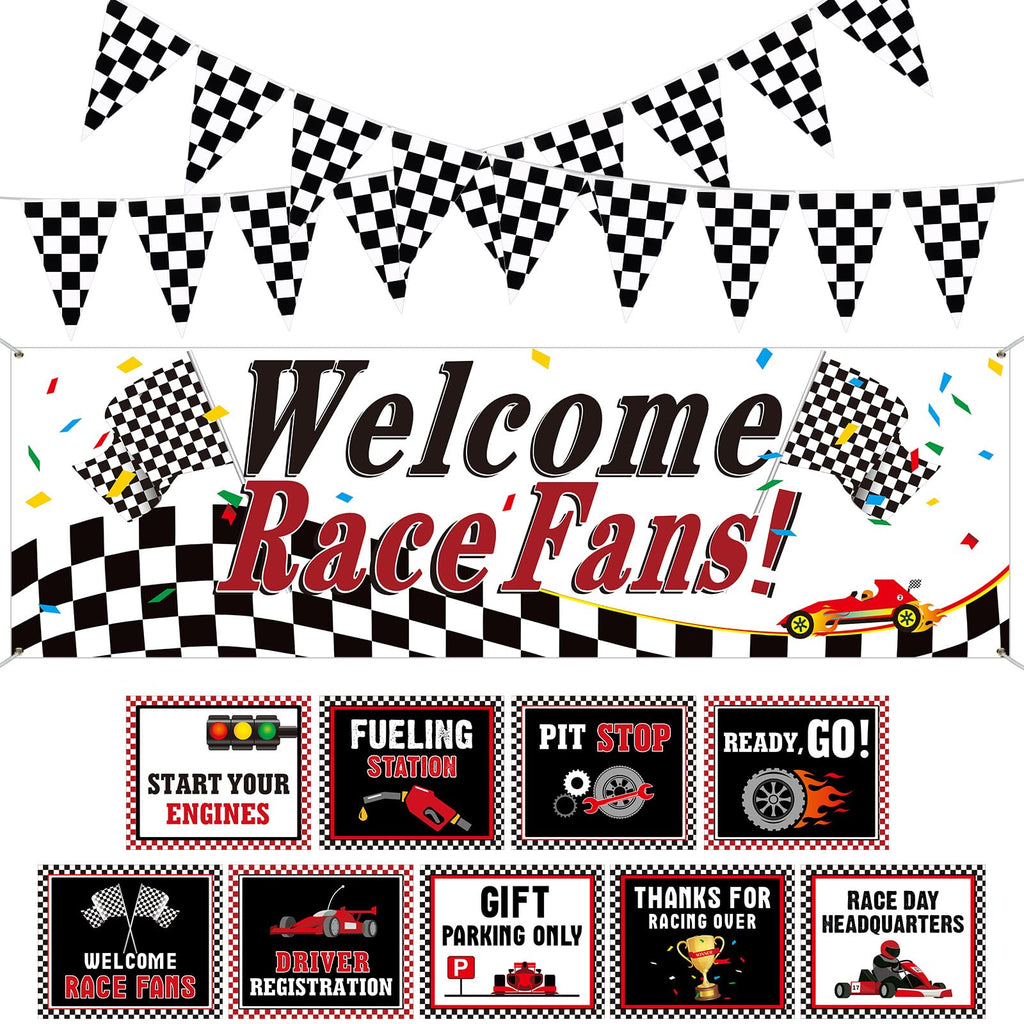 Tiamon Racing Car Party Decorations Set — 9 Signs, 2 Checkered Flags, Welcome Banner | Race Car Birthday Supplies