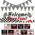 Tiamon Racing Car Party Decorations Set — 9 Signs, 2 Checkered Flags, Welcome Banner | Race Car Birthday Supplies