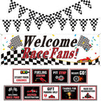 Tiamon Racing Car Party Decorations Set — 9 Signs, 2 Checkered Flags, Welcome Banner | Race Car Birthday Supplies