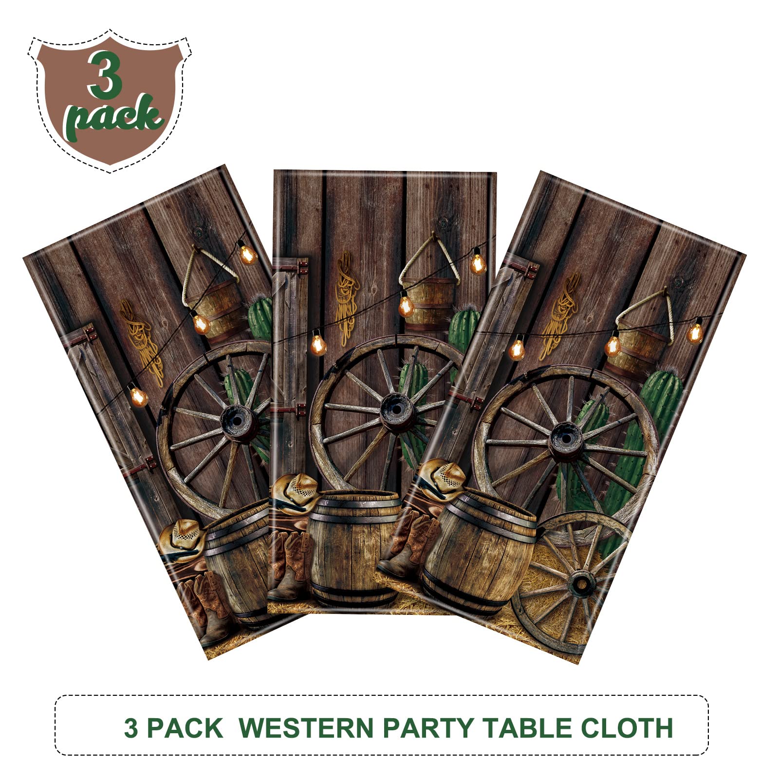 Tiamon 3-Pcs Western Party Tablecloth Set — Waterproof Cowboy Theme Table Covers 137 x 274 cm (54 x 108 in)