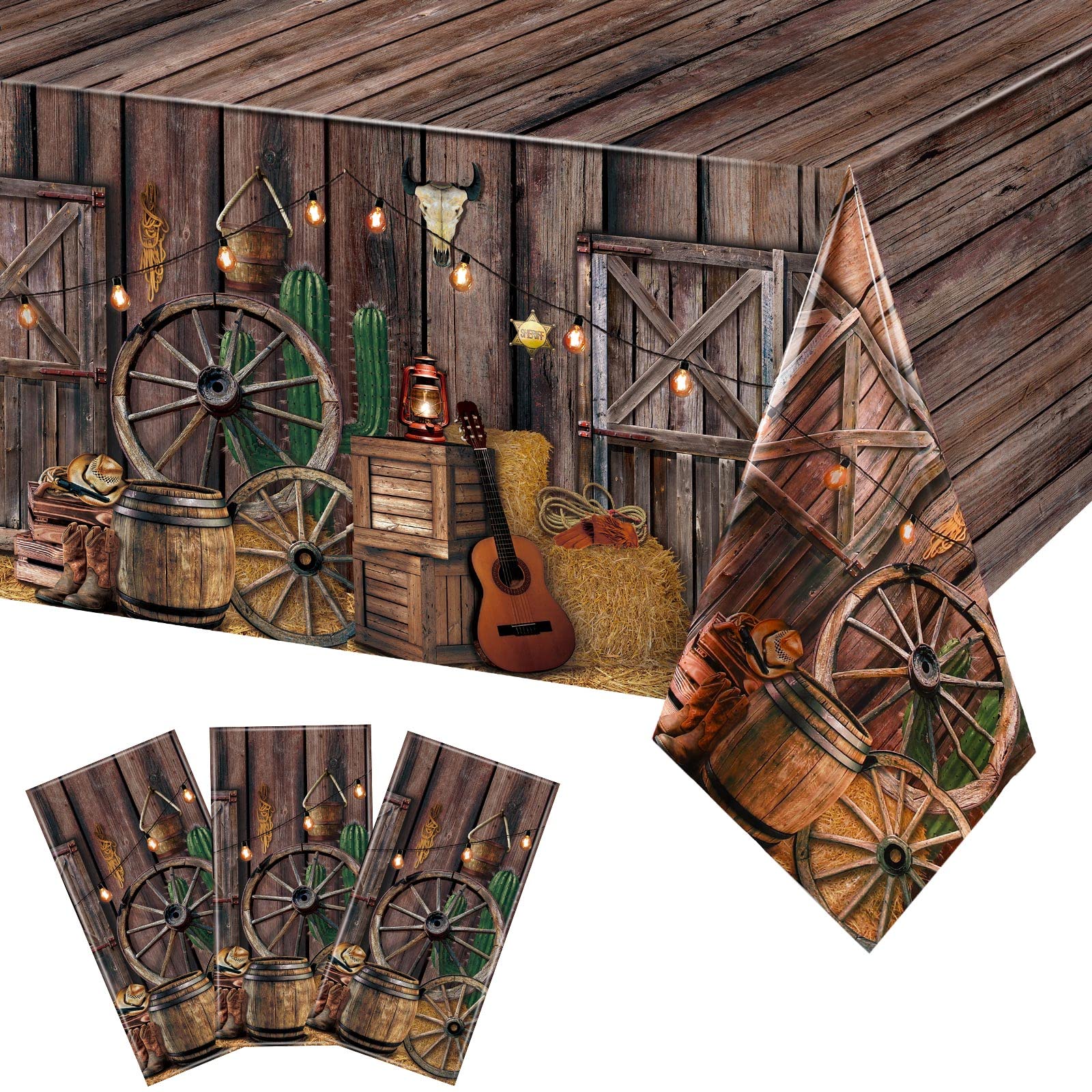 Tiamon 3-Pcs Western Party Tablecloth Set — Waterproof Cowboy Theme Table Covers 137 x 274 cm (54 x 108 in)