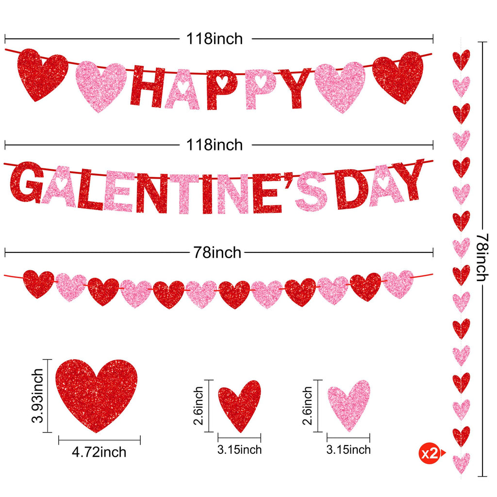 Tifeson Happy Galentine's Day Banner - Red Pink Glitter Heart Garland for Ladies & Girls Parties