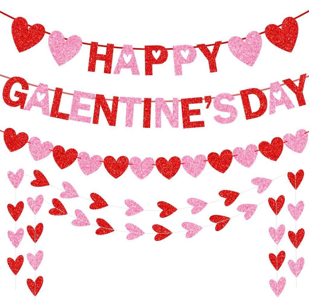 Tifeson Happy Galentine's Day Banner - Red Pink Glitter Heart Garland for Ladies & Girls Parties