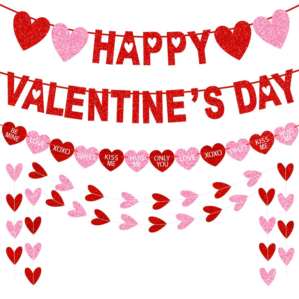Tifeson Happy Valentine's Day Banner – NO DIY Glitter Red & Pink Heart Garland for Valentines Party Decor