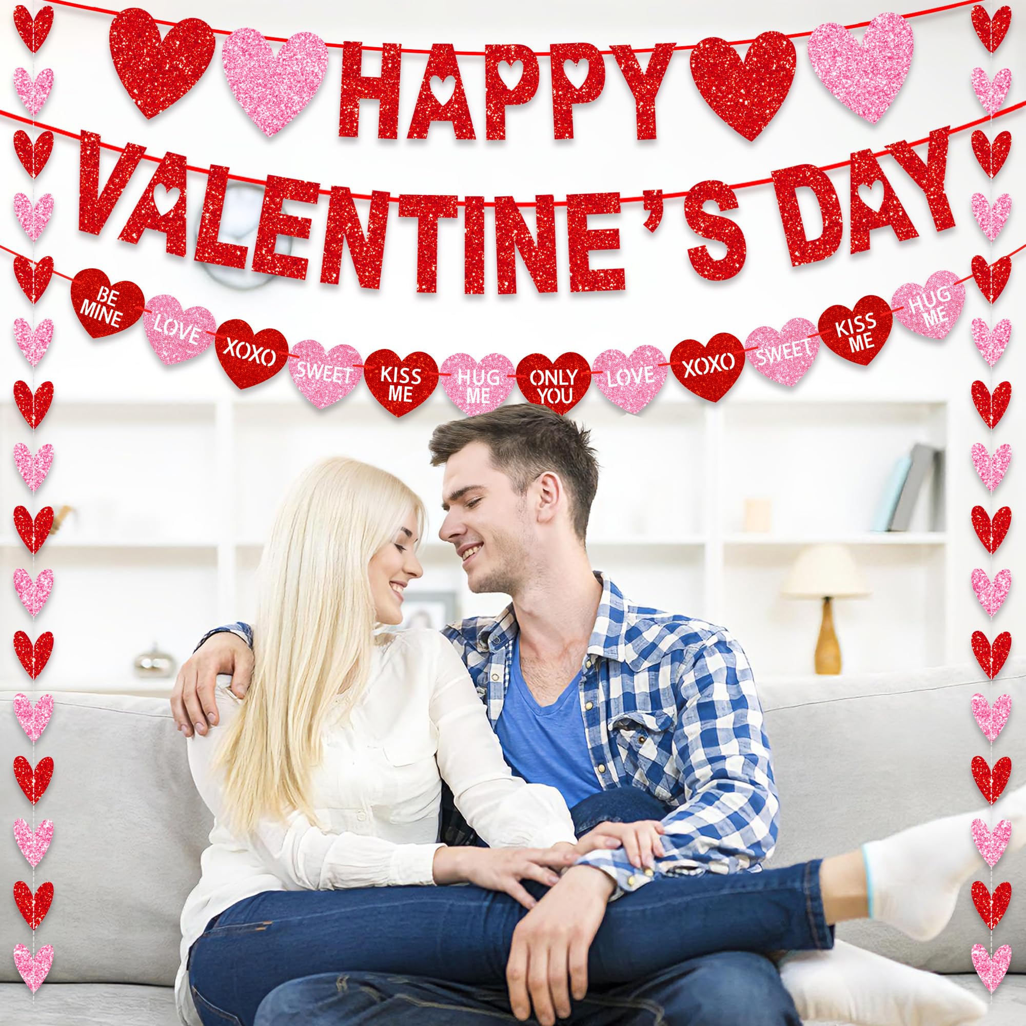Tifeson Happy Valentine's Day Banner – NO DIY Glitter Red & Pink Heart Garland for Valentines Party Decor