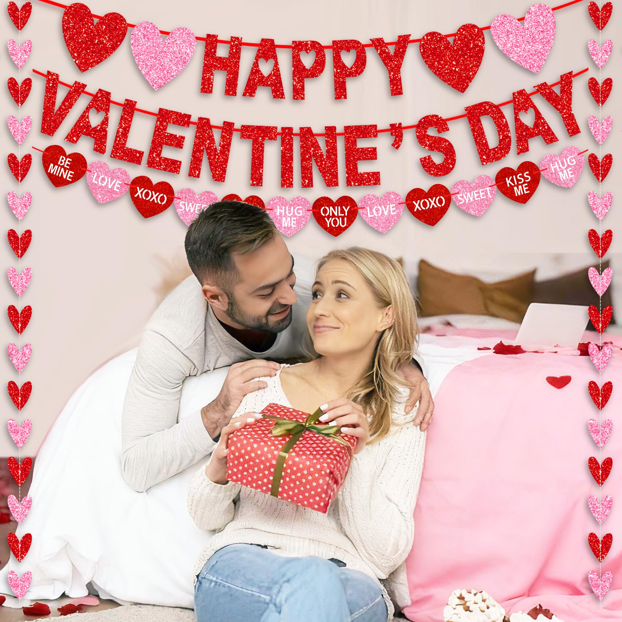 Tifeson Happy Valentine's Day Banner – NO DIY Glitter Red & Pink Heart Garland for Valentines Party Decor