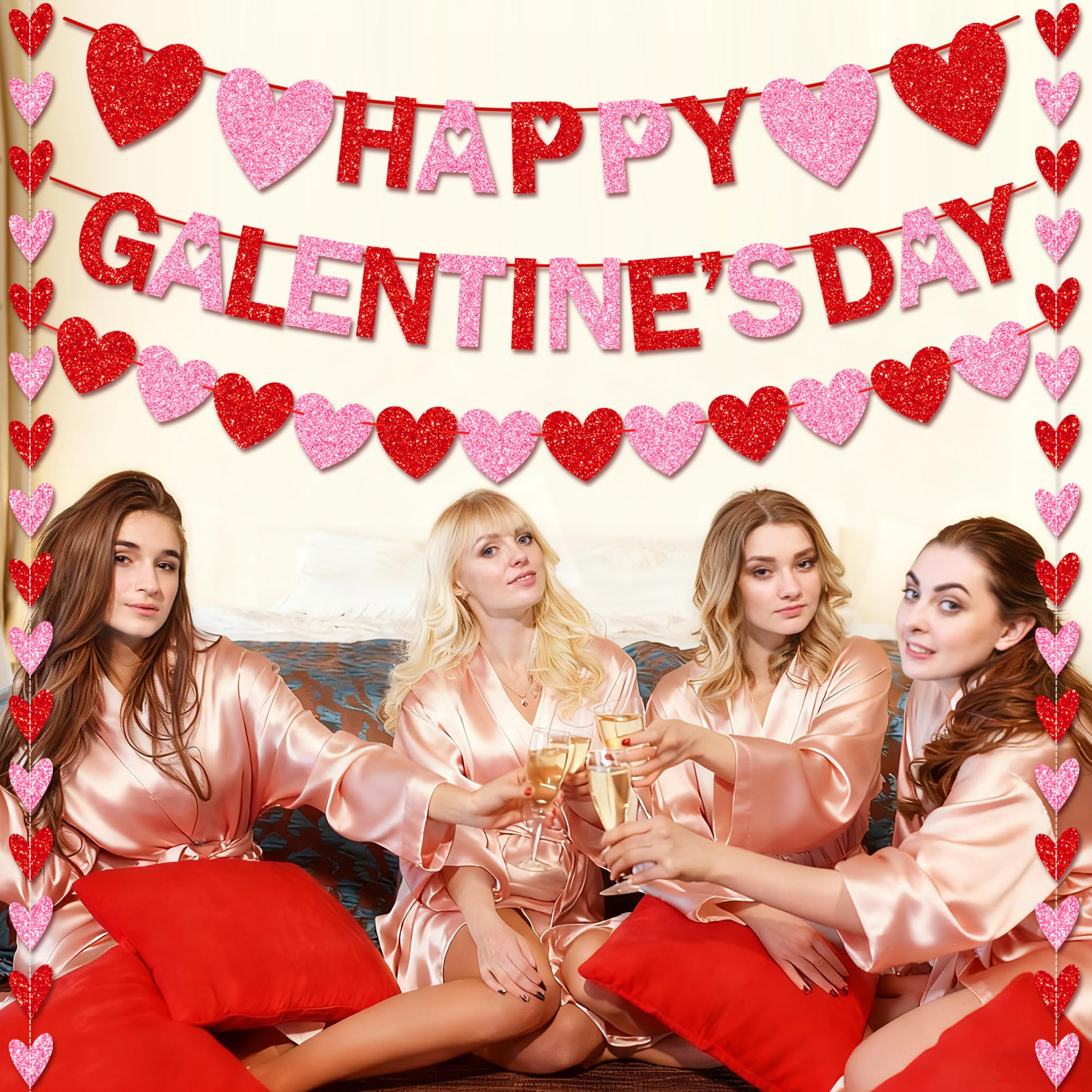 Tifeson Happy Galentine's Day Banner - Red Pink Glitter Heart Garland for Ladies & Girls Parties