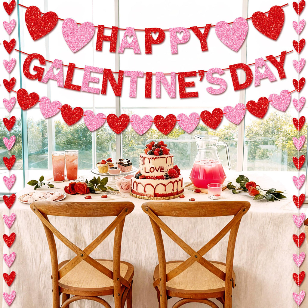 Tifeson Happy Galentine's Day Banner - Red Pink Glitter Heart Garland for Ladies & Girls Parties