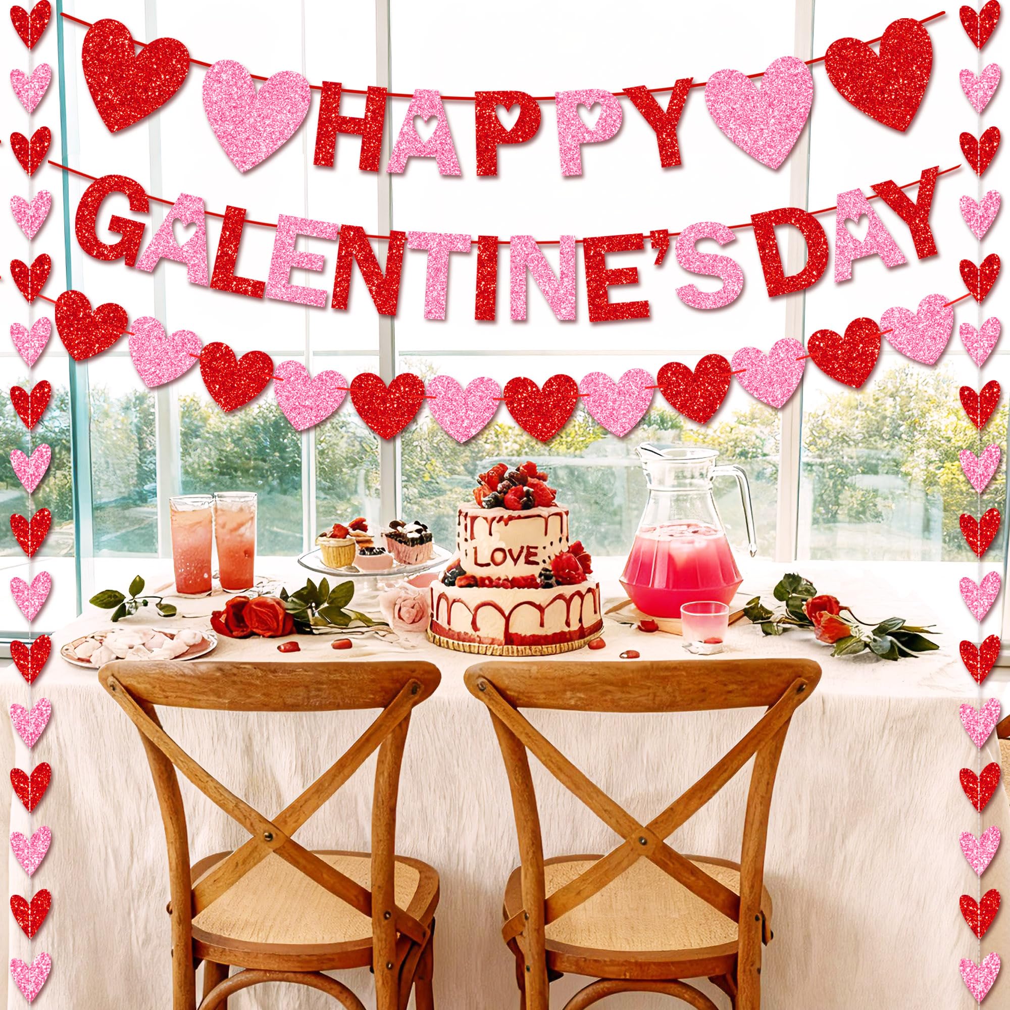 Tifeson Happy Galentine's Day Banner - Red Pink Glitter Heart Garland for Ladies & Girls Parties