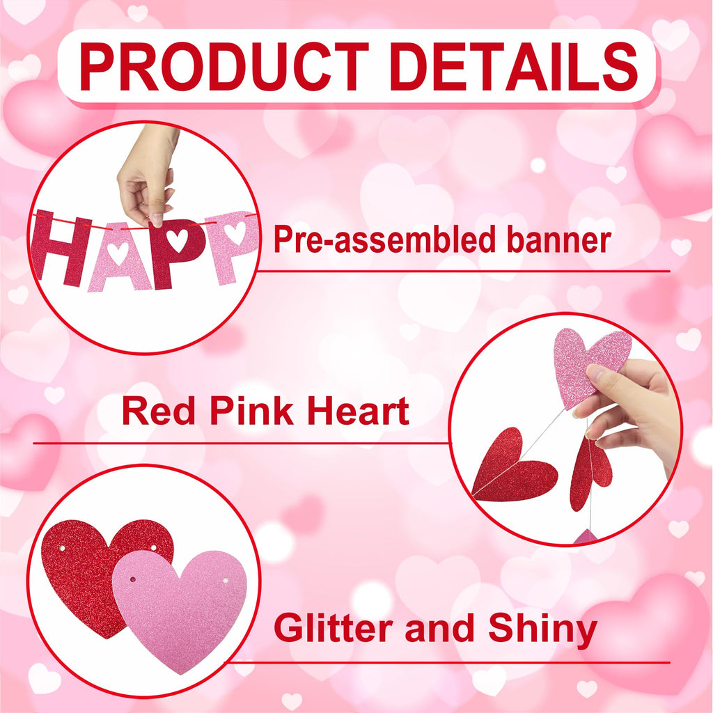 Tifeson Happy Galentine's Day Banner - Red Pink Glitter Heart Garland for Ladies & Girls Parties