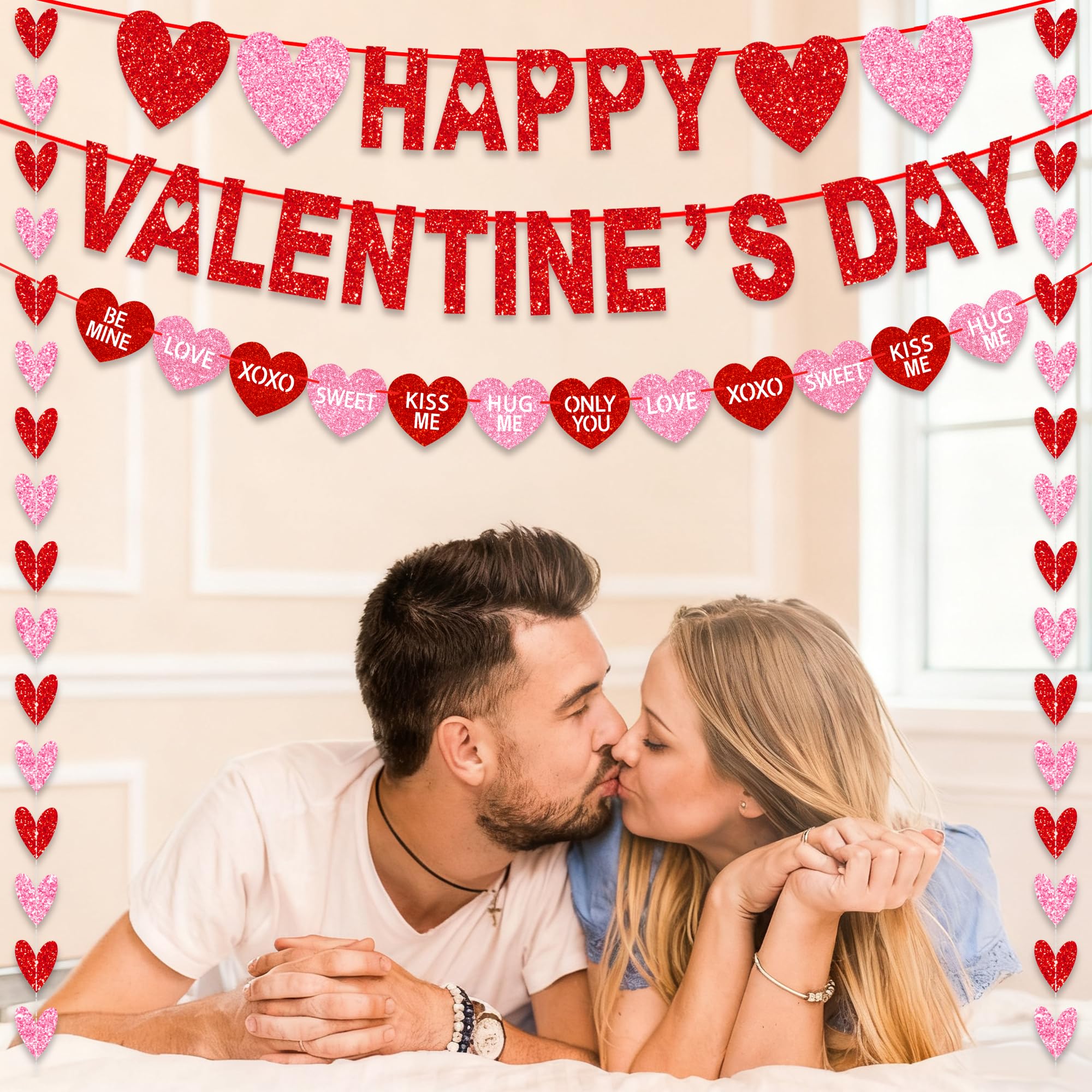Tifeson Happy Valentine's Day Banner – NO DIY Glitter Red & Pink Heart Garland for Valentines Party Decor