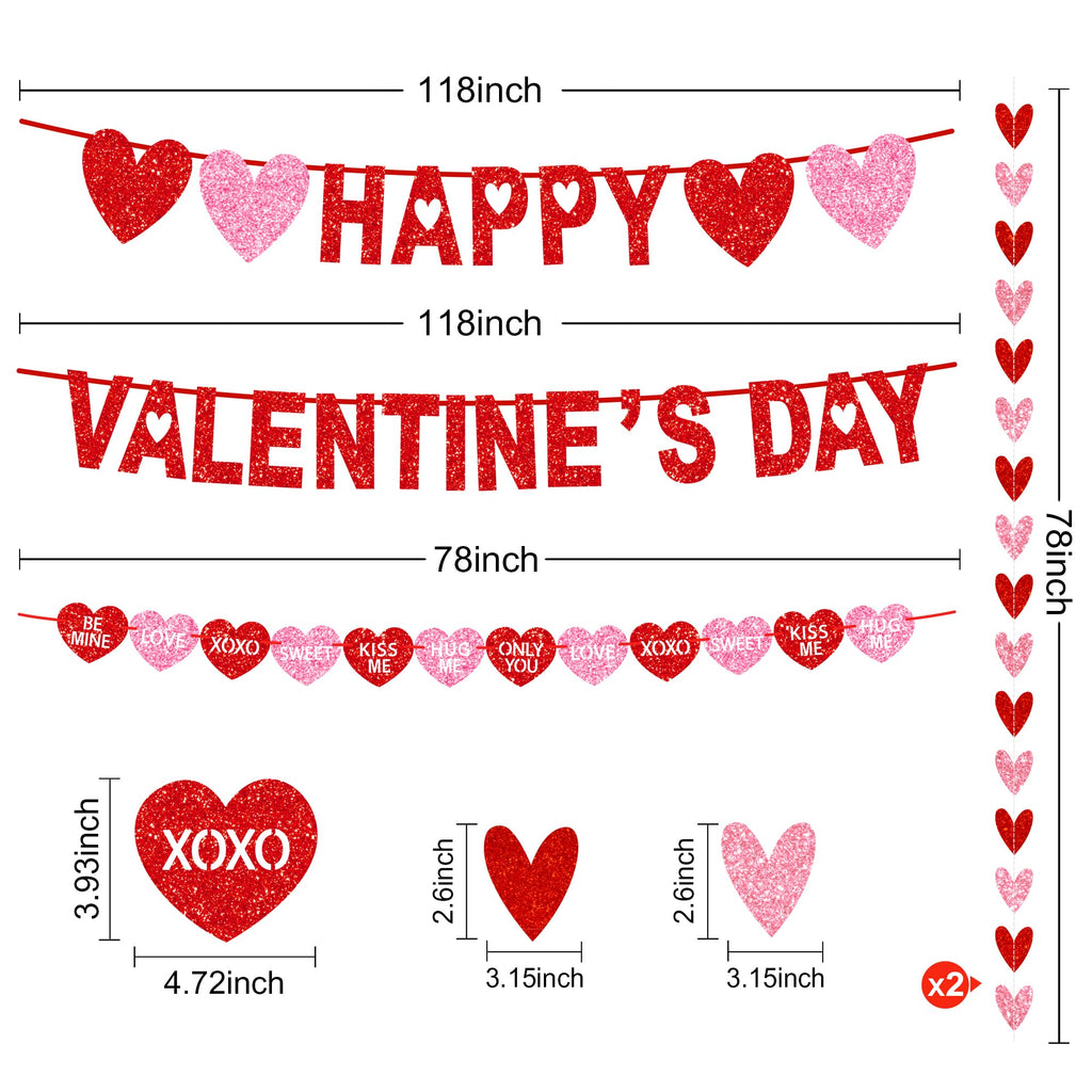 Tifeson Happy Valentine's Day Banner – NO DIY Glitter Red & Pink Heart Garland for Valentines Party Decor