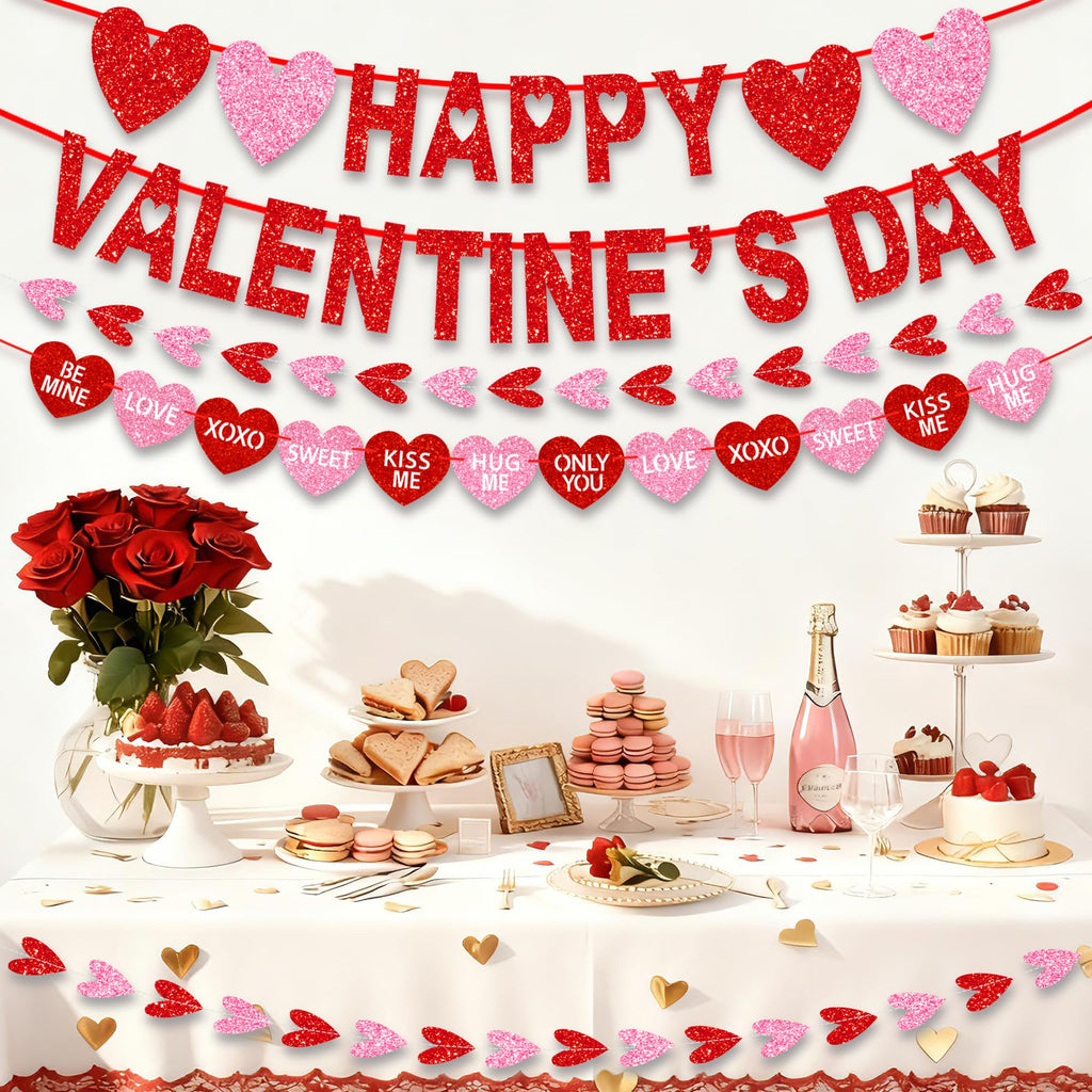 Tifeson Happy Valentine's Day Banner – NO DIY Glitter Red & Pink Heart Garland for Valentines Party Decor