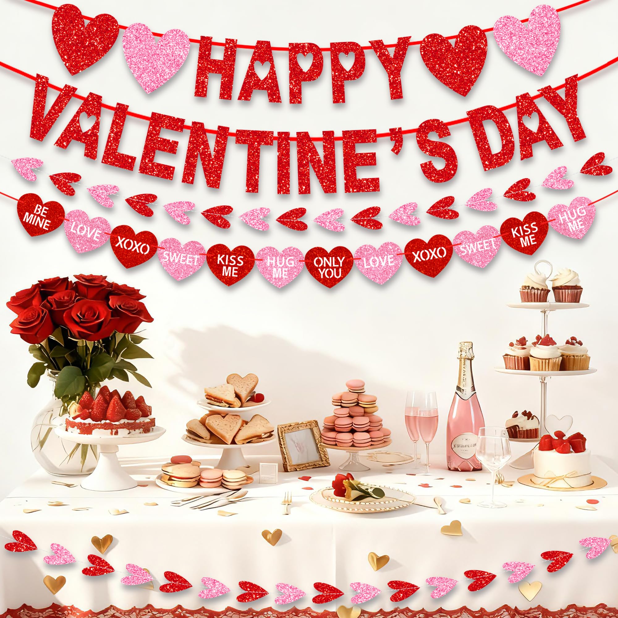 Tifeson Happy Valentine's Day Banner – NO DIY Glitter Red & Pink Heart Garland for Valentines Party Decor