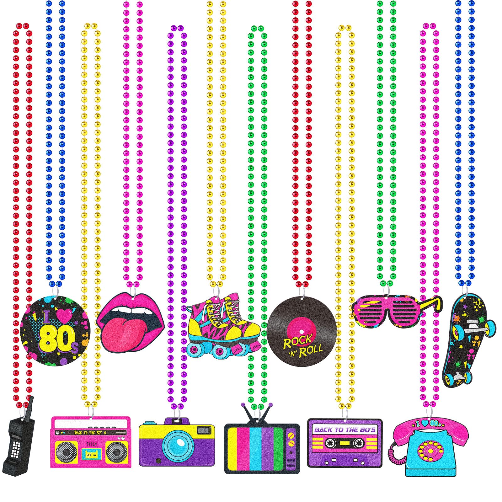 Tigeen 48 Pcs 80s Beaded Necklaces – Neon Colors, Retro Party Set, 12 Styles