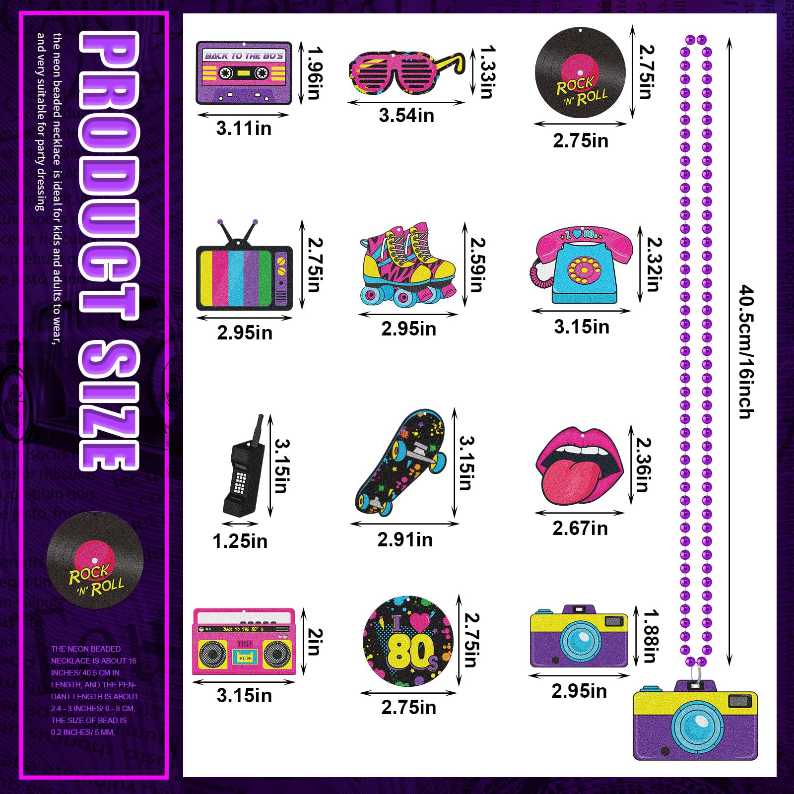 Tigeen 48 Pcs 80s Beaded Necklaces – Neon Colors, Retro Party Set, 12 Styles